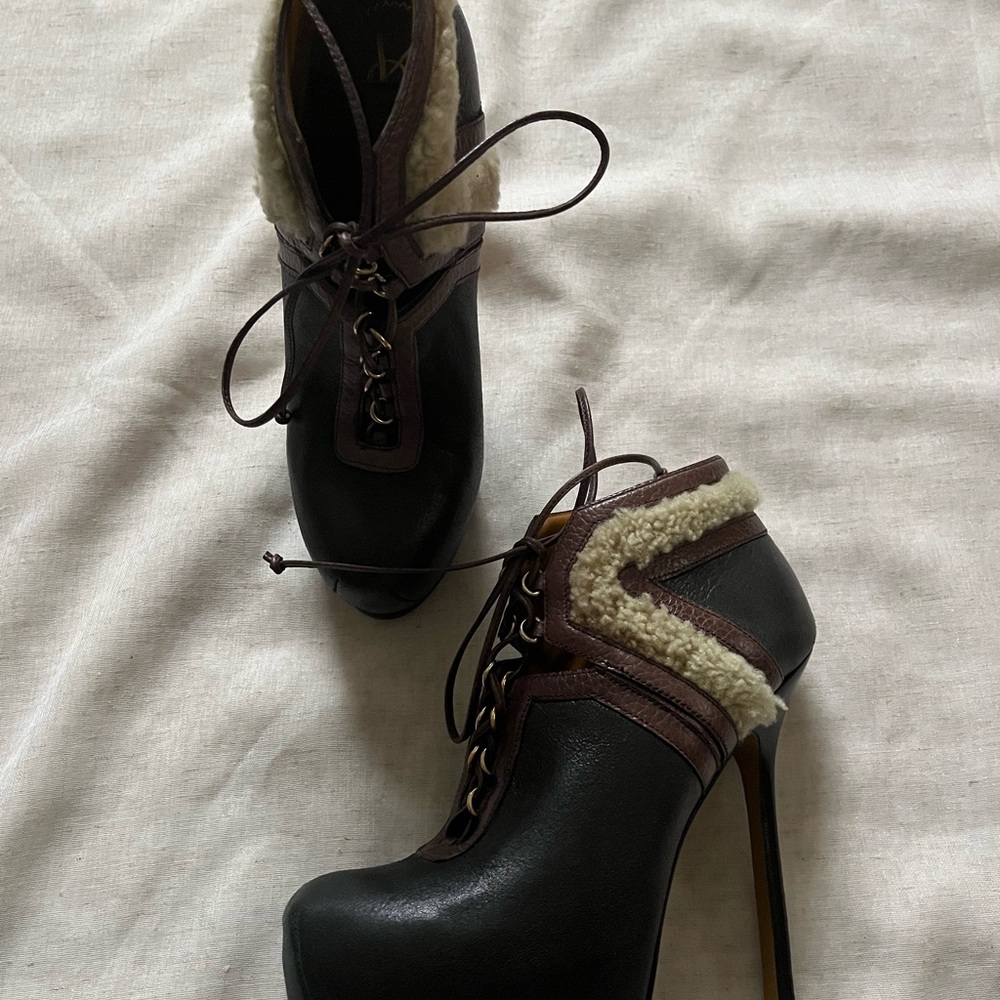Yves Saint Laurent Black and Brown Stiletto Boots with Shearling Trim EU 37.5